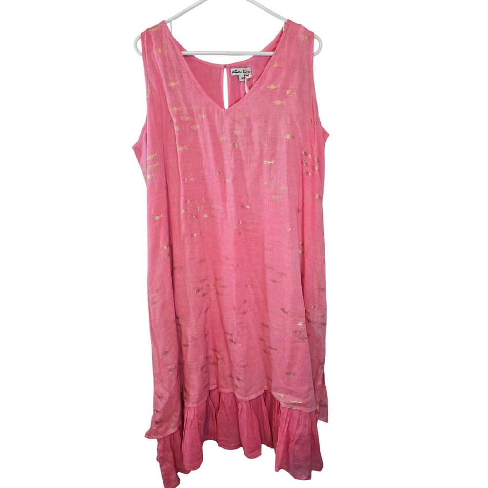 White Waves Pink Cotton Gold Foil Fish Print Ruffle Hem Dress Womens L/XL NEW